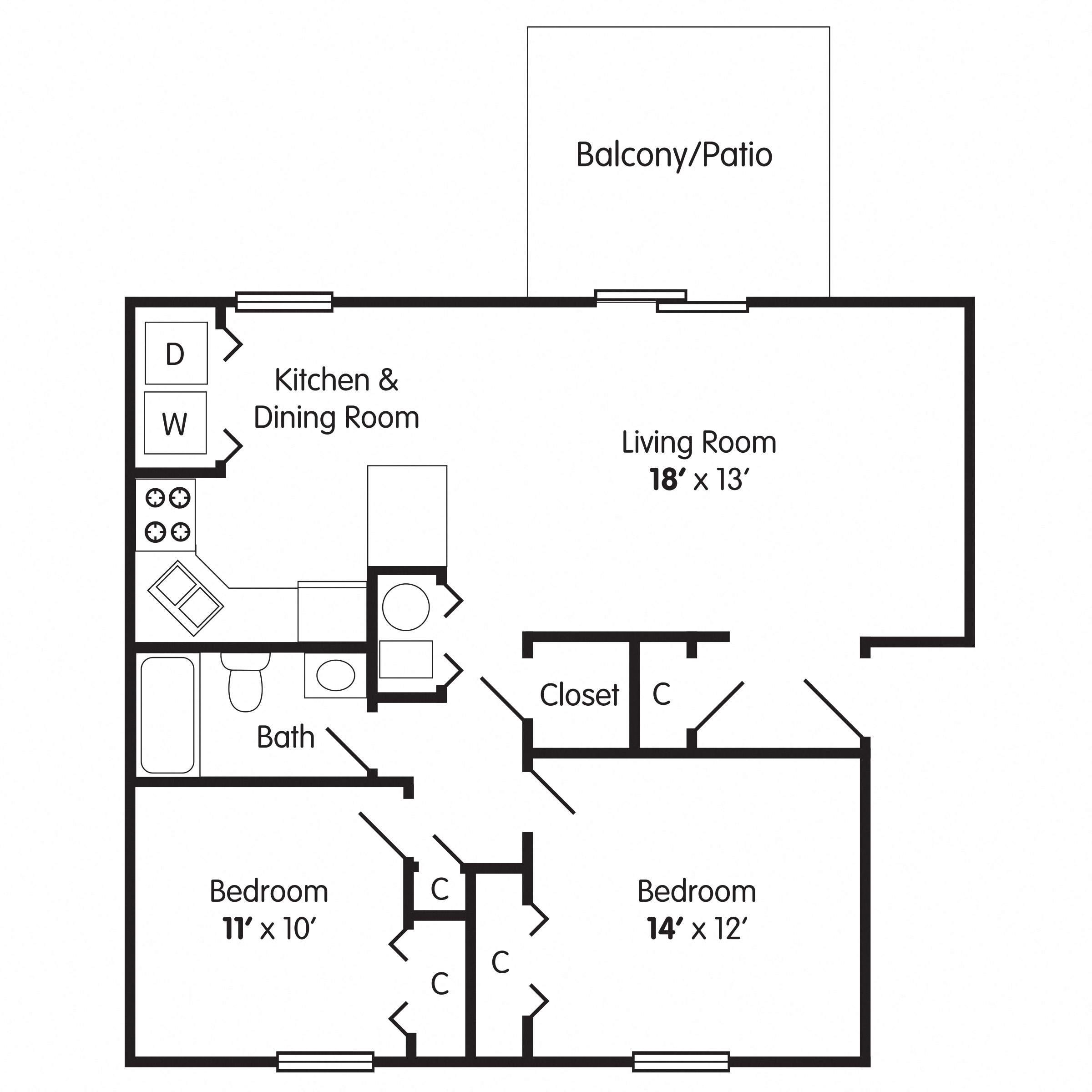 Floor plan for 2 beds, 1 bath, 926 sqft